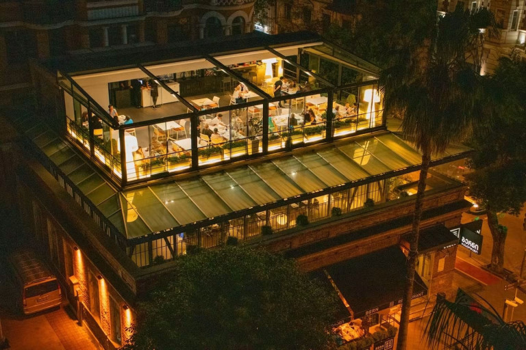 Bern Batumi restaurant and its illuminated upper terrace at night